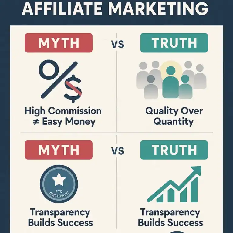 Affiliate marketing myths vs truths: commission not easy, quality over quantity, & transparency.